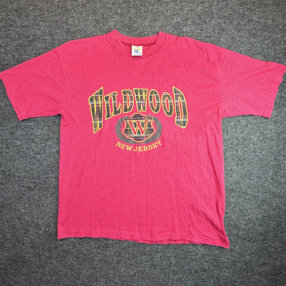 Vintage Cal Cru Wildwood New Jersey T-Shirt Mens Large Red Single Stitch Striped
